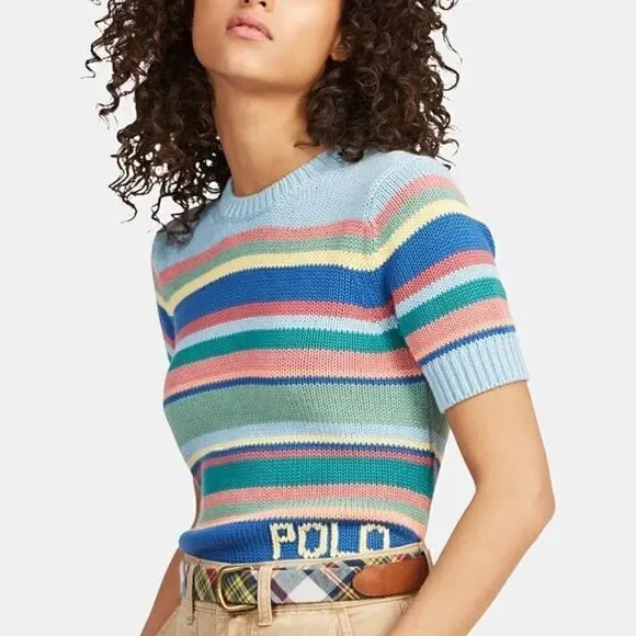 Polo Ralph Lauren Sky Blue Sun Bleached Multi Stripe Short Sleeve Sweater - Picture 15 of 16